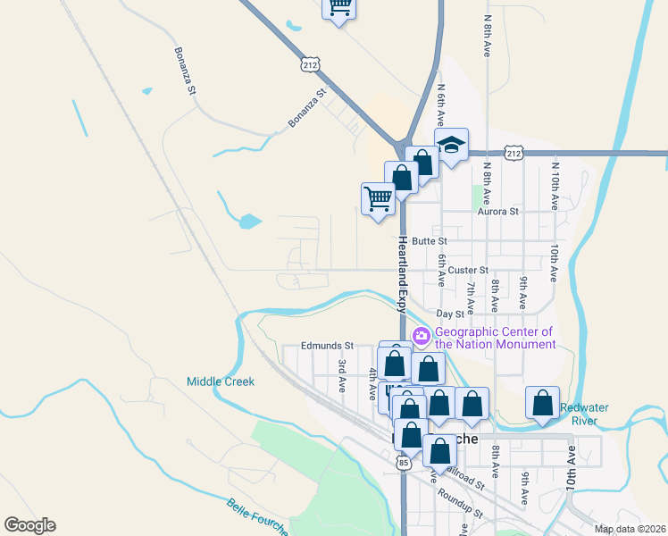 map of restaurants, bars, coffee shops, grocery stores, and more near 279-317 Custer Street in Belle Fourche