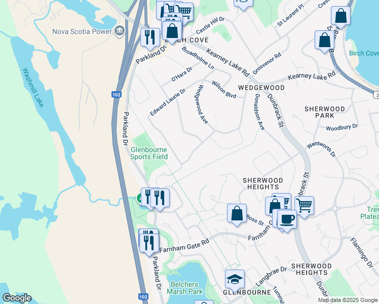 map of restaurants, bars, coffee shops, grocery stores, and more near 15 Beechwood Terrace in Halifax