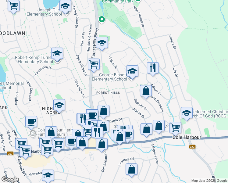 map of restaurants, bars, coffee shops, grocery stores, and more near 57 Clermont Crescent in Dartmouth