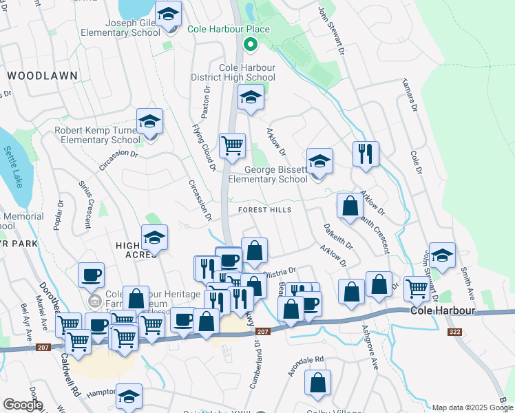 map of restaurants, bars, coffee shops, grocery stores, and more near 119 Merrimac Drive in Dartmouth