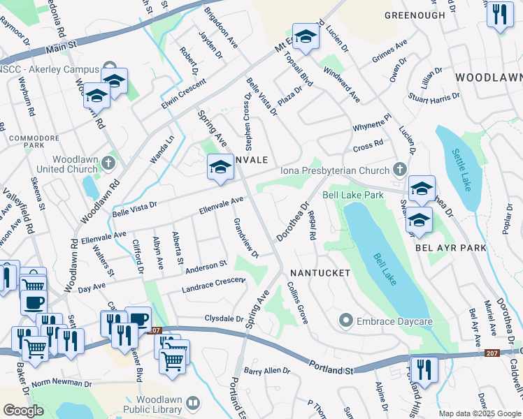 map of restaurants, bars, coffee shops, grocery stores, and more near 300 Spring Avenue in Dartmouth