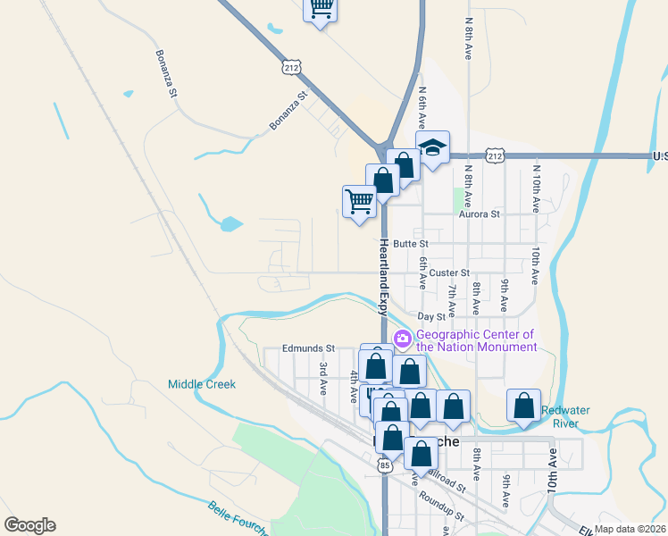 map of restaurants, bars, coffee shops, grocery stores, and more near 357-499 Custer St in Belle Fourche