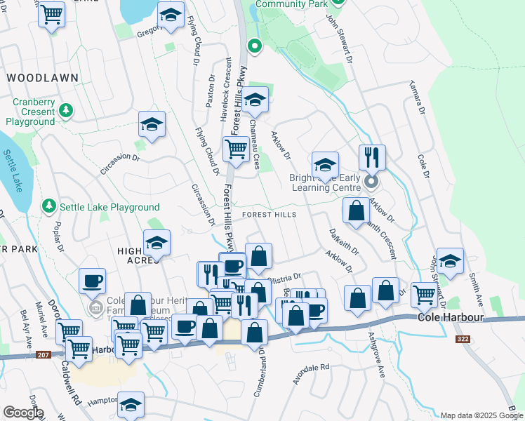 map of restaurants, bars, coffee shops, grocery stores, and more near 119 Merrimac Drive in Dartmouth