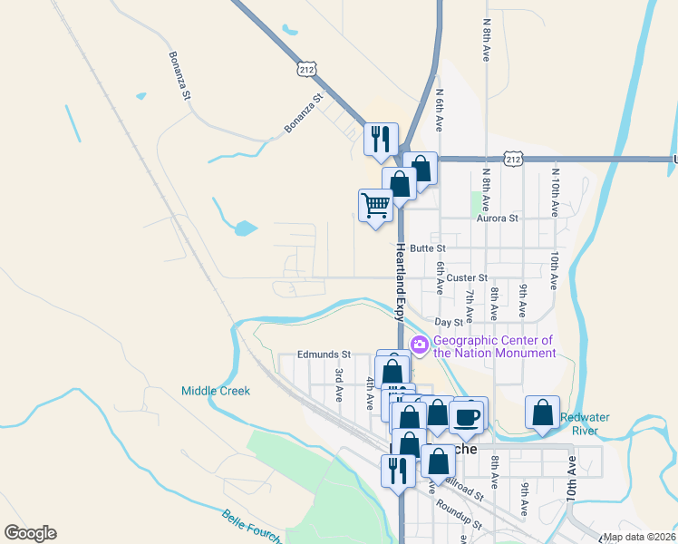 map of restaurants, bars, coffee shops, grocery stores, and more near 279 Custer Street in Belle Fourche