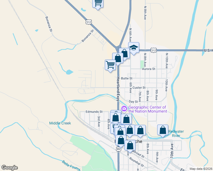 map of restaurants, bars, coffee shops, grocery stores, and more near 357 Custer Street in Belle Fourche