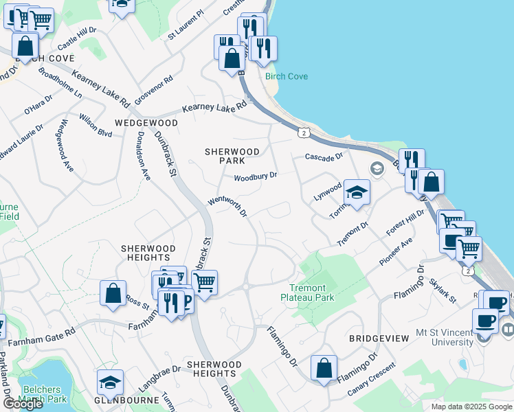 map of restaurants, bars, coffee shops, grocery stores, and more near 32 Chelmsford Place in Halifax