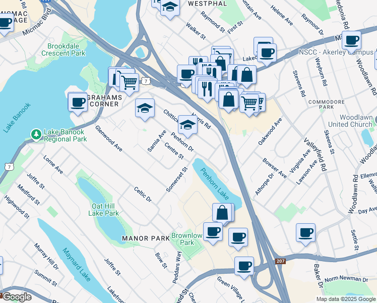 map of restaurants, bars, coffee shops, grocery stores, and more near 38 Penhorn Drive in Dartmouth