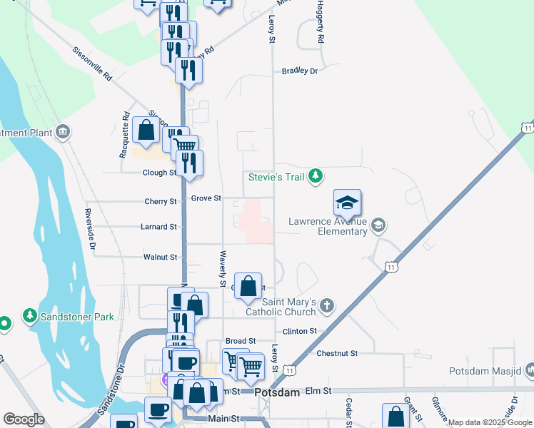 map of restaurants, bars, coffee shops, grocery stores, and more near 58 Leroy Street in Potsdam