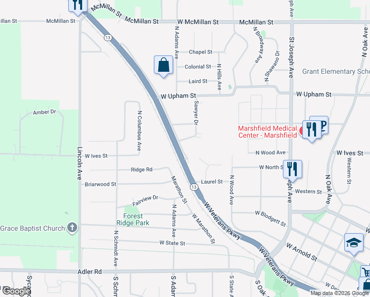 map of restaurants, bars, coffee shops, grocery stores, and more near 1513 West Veterans Parkway in Marshfield