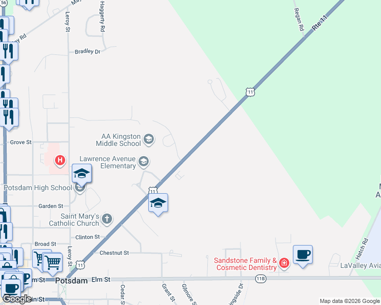 map of restaurants, bars, coffee shops, grocery stores, and more near 76 New York State Bicycle Route 11 in Potsdam