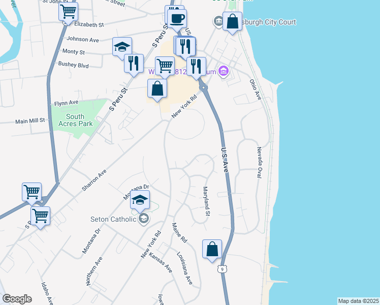 map of restaurants, bars, coffee shops, grocery stores, and more near 15 Maryland Rd in Plattsburgh