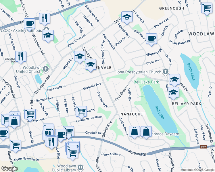 map of restaurants, bars, coffee shops, grocery stores, and more near 300 Spring Avenue in Dartmouth