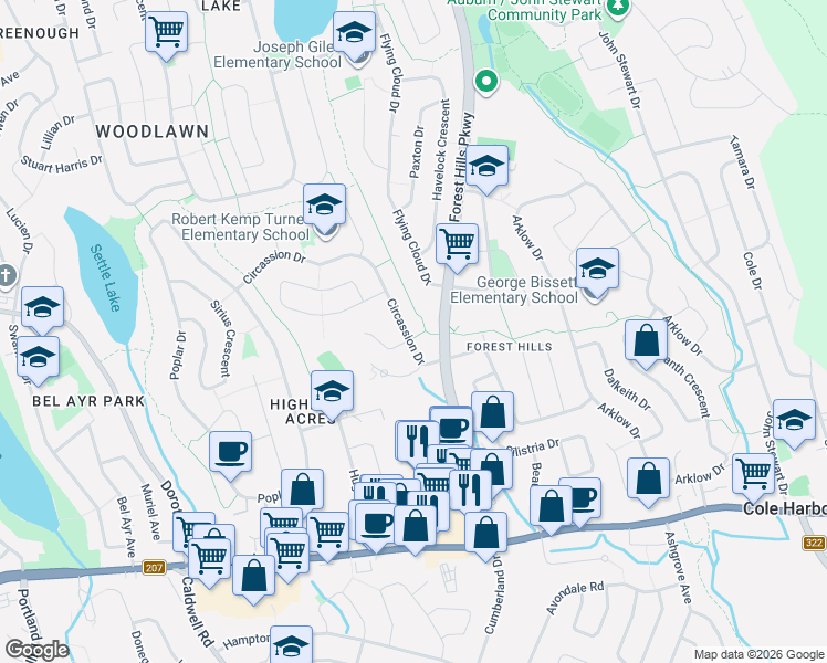 map of restaurants, bars, coffee shops, grocery stores, and more near 31 Circassion Drive in Dartmouth