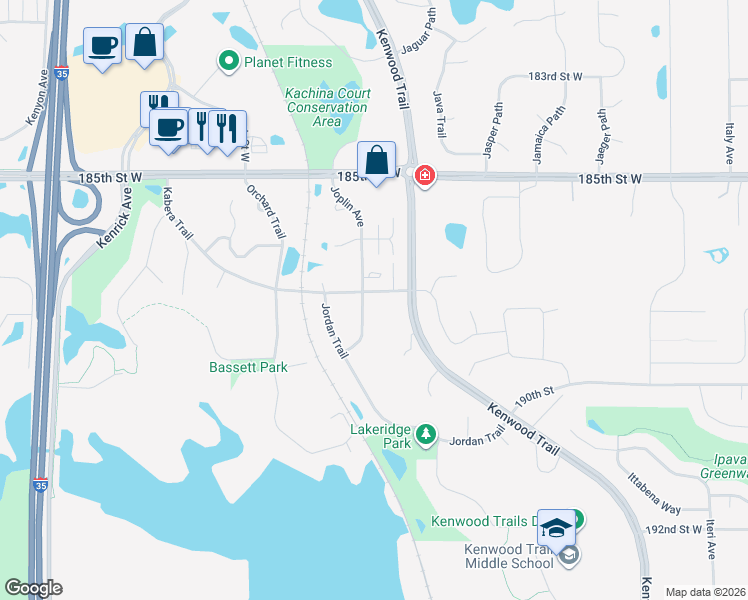 map of restaurants, bars, coffee shops, grocery stores, and more near 10542 188th Street West in Lakeville