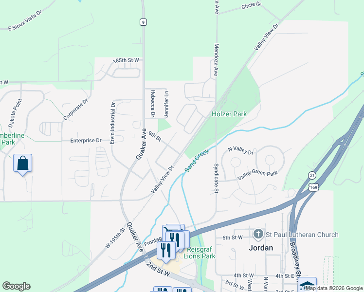 map of restaurants, bars, coffee shops, grocery stores, and more near 320 Valley View Drive in Jordan