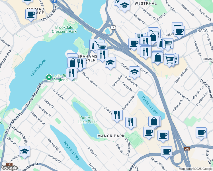 map of restaurants, bars, coffee shops, grocery stores, and more near 16 Regent Drive in Dartmouth