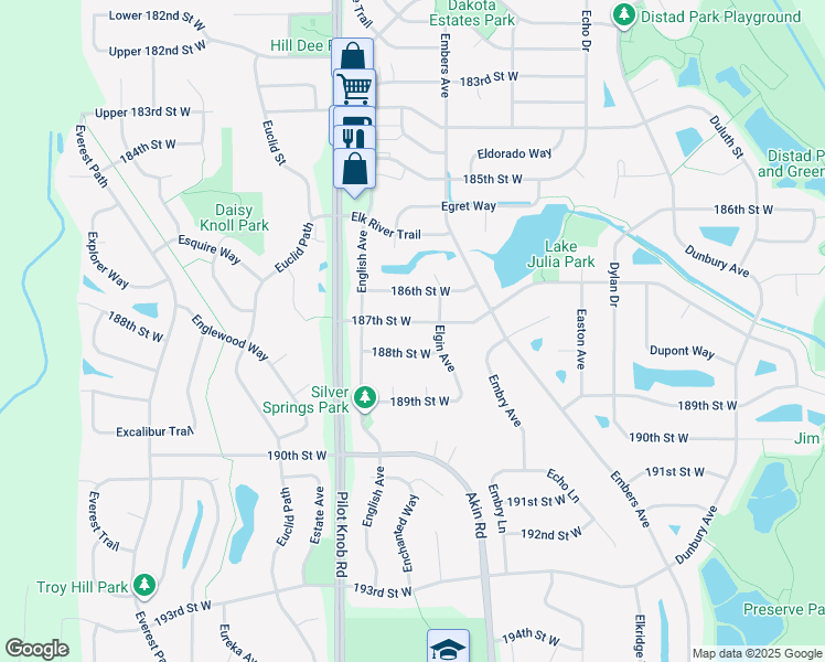 map of restaurants, bars, coffee shops, grocery stores, and more near 5360 187th Street West in Farmington