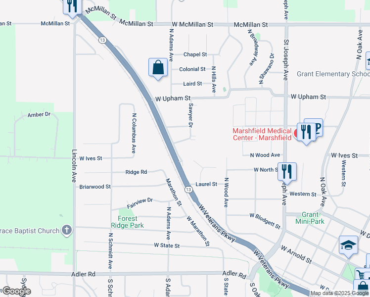 map of restaurants, bars, coffee shops, grocery stores, and more near 1513 West Veterans Parkway in Marshfield