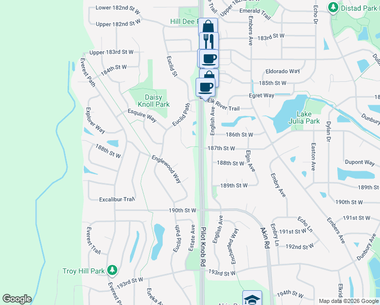 map of restaurants, bars, coffee shops, grocery stores, and more near 18885 Enhance Court in Farmington