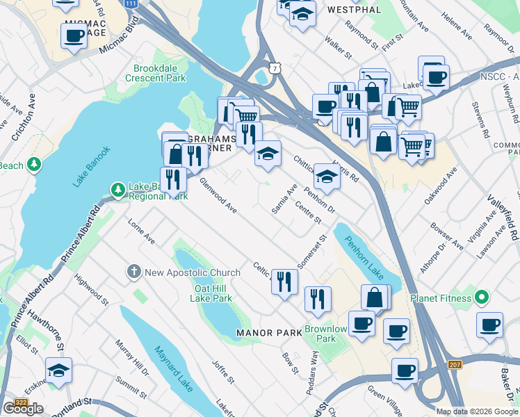 map of restaurants, bars, coffee shops, grocery stores, and more near Regent Drive in Dartmouth