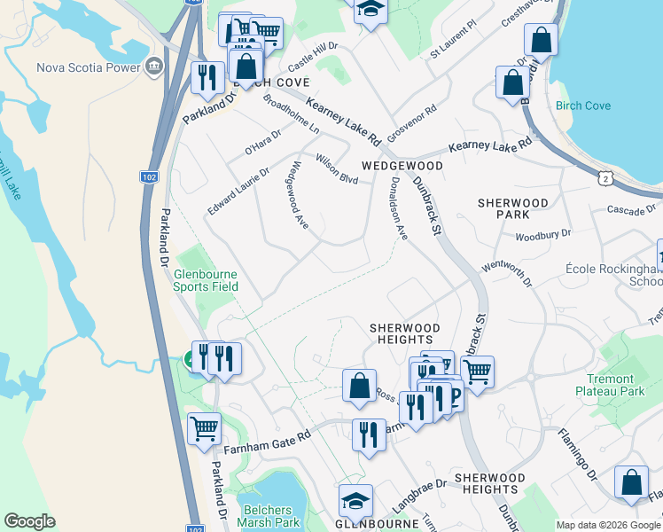 map of restaurants, bars, coffee shops, grocery stores, and more near 23 Glenn Drive in Halifax