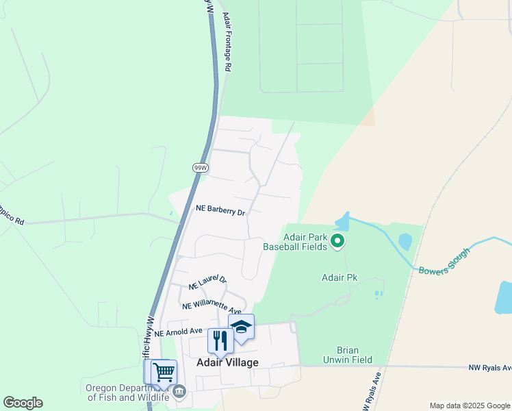 map of restaurants, bars, coffee shops, grocery stores, and more near 8102 Daphne Court in Adair Village