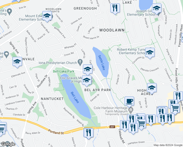 map of restaurants, bars, coffee shops, grocery stores, and more near 64 Dorothea Drive in Dartmouth
