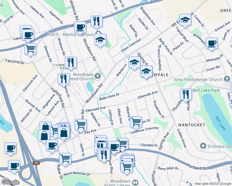 map of restaurants, bars, coffee shops, grocery stores, and more near 115 Belle Vista Drive in Dartmouth