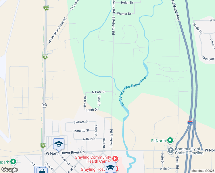 map of restaurants, bars, coffee shops, grocery stores, and more near 482-562 South Roberts Road in Grayling