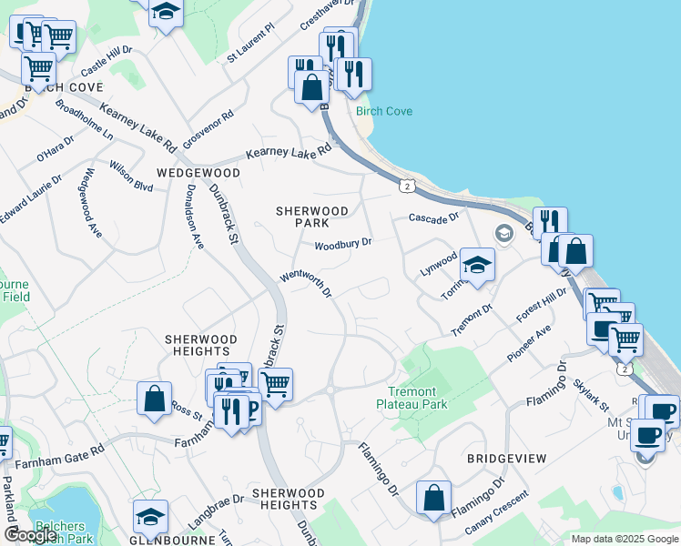 map of restaurants, bars, coffee shops, grocery stores, and more near 32 Chelmsford Place in Halifax