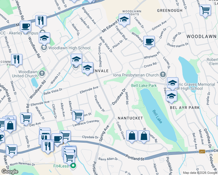 map of restaurants, bars, coffee shops, grocery stores, and more near 300 Spring Avenue in Dartmouth