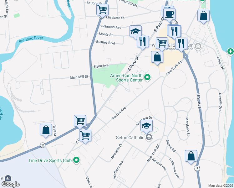 map of restaurants, bars, coffee shops, grocery stores, and more near 104 Sharron Ave in Plattsburgh