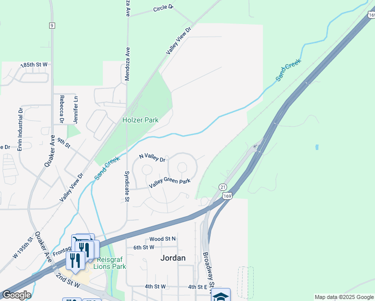 map of restaurants, bars, coffee shops, grocery stores, and more near 90 North Valley Drive in Jordan