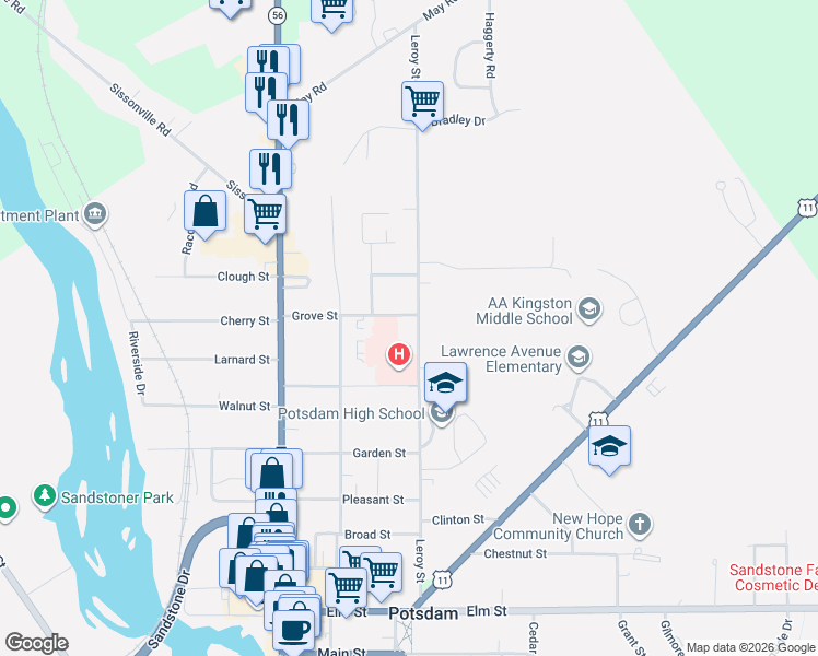 map of restaurants, bars, coffee shops, grocery stores, and more near 58 Leroy St in Potsdam