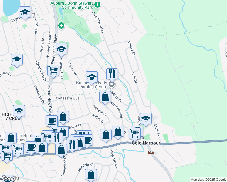 map of restaurants, bars, coffee shops, grocery stores, and more near 491 Arklow Drive in Dartmouth