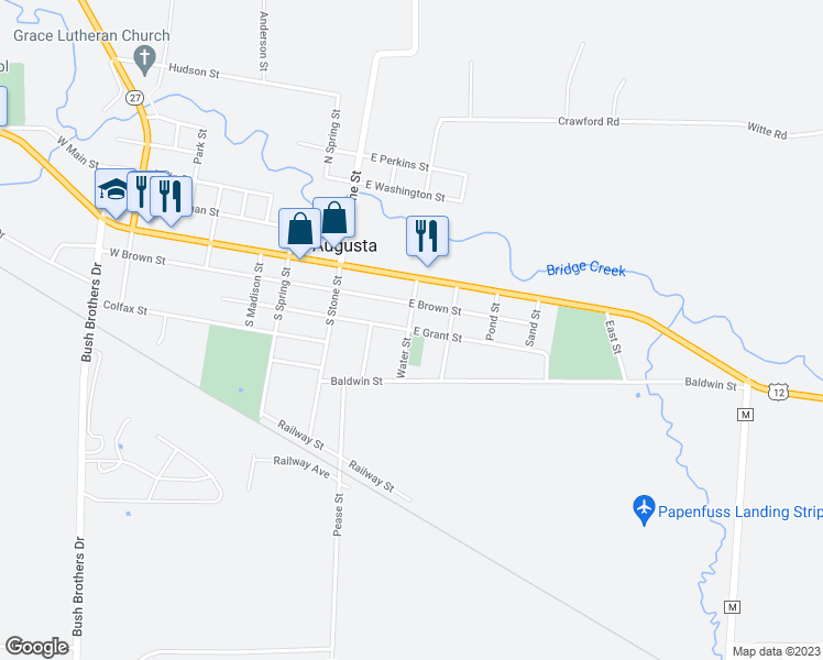 map of restaurants, bars, coffee shops, grocery stores, and more near 304 East Grant Street in Augusta