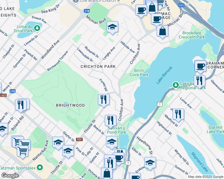 map of restaurants, bars, coffee shops, grocery stores, and more near 7 Crichton Park Road in Dartmouth