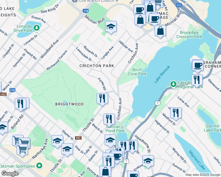 map of restaurants, bars, coffee shops, grocery stores, and more near 7 Crichton Park Road in Dartmouth