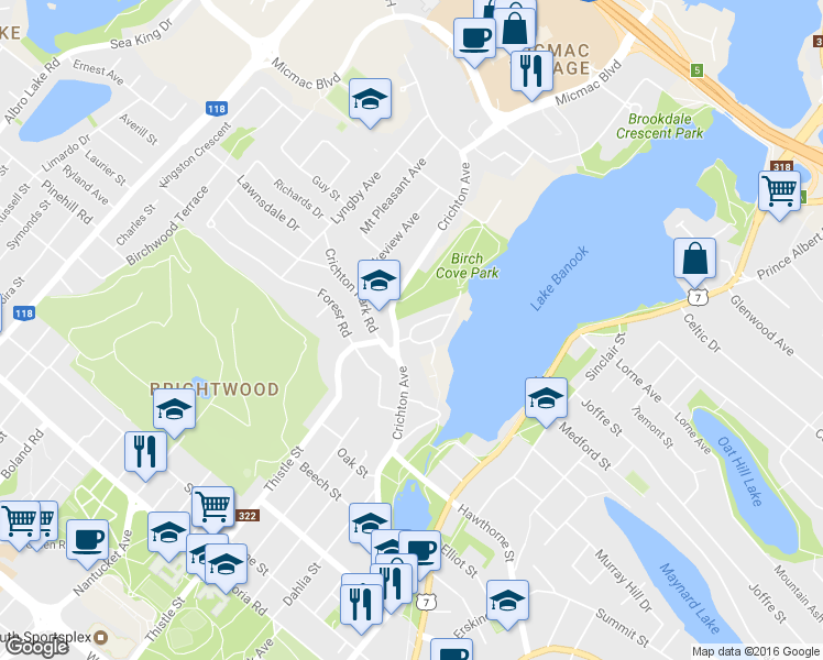 map of restaurants, bars, coffee shops, grocery stores, and more near 23 Oakdale Crescent in Dartmouth