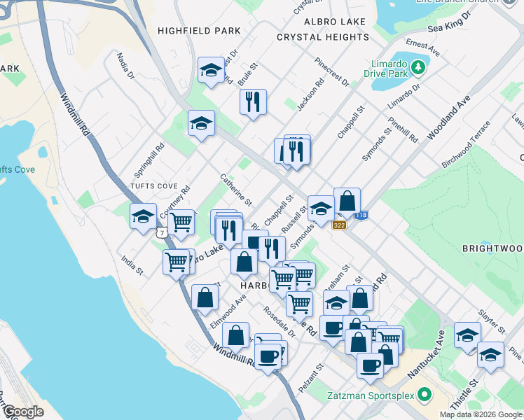 map of restaurants, bars, coffee shops, grocery stores, and more near 68 Albro Lake Road in Dartmouth
