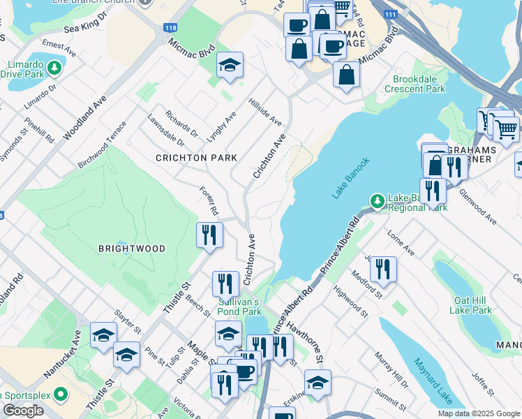 map of restaurants, bars, coffee shops, grocery stores, and more near 23 Oakdale Crescent in Dartmouth