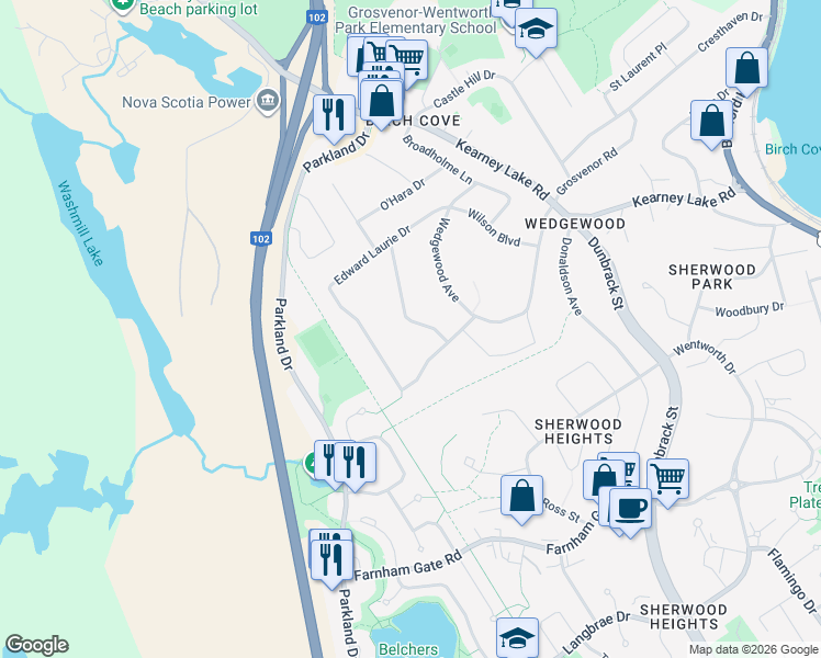 map of restaurants, bars, coffee shops, grocery stores, and more near 15 Beechwood Terrace in Halifax