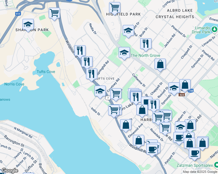 map of restaurants, bars, coffee shops, grocery stores, and more near 5 Courtney Road in Dartmouth