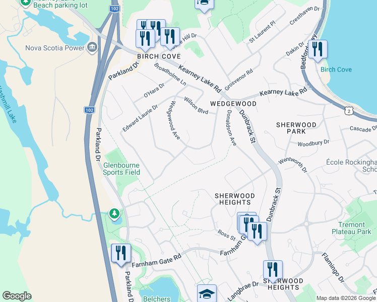 map of restaurants, bars, coffee shops, grocery stores, and more near 23 Glenn Drive in Halifax