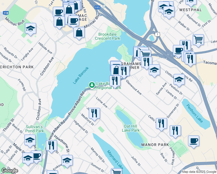 map of restaurants, bars, coffee shops, grocery stores, and more near 275 Prince Albert Road in Dartmouth