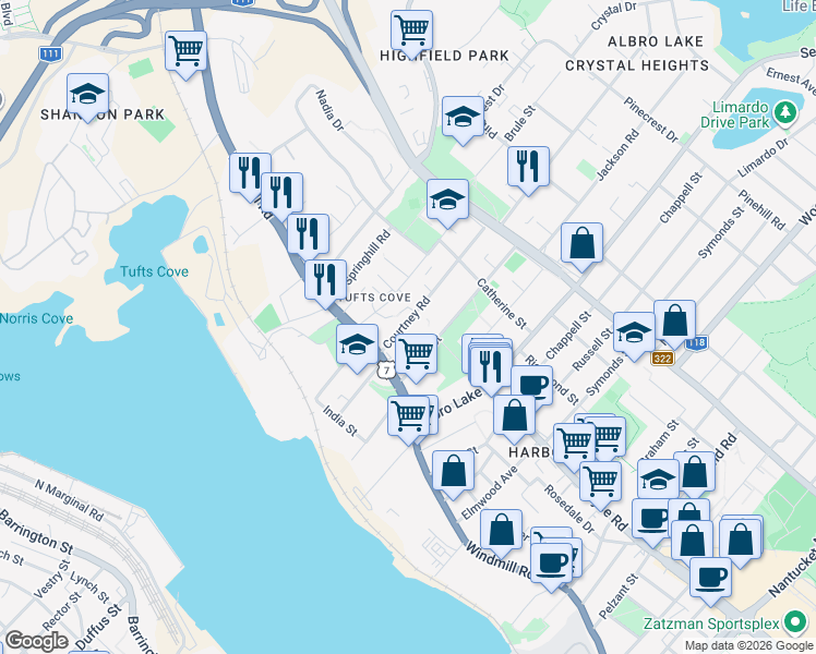 map of restaurants, bars, coffee shops, grocery stores, and more near 29 Bethel Avenue in Dartmouth
