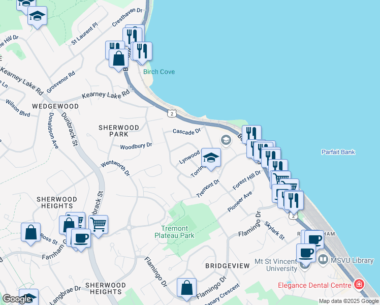 map of restaurants, bars, coffee shops, grocery stores, and more near 9 Lynwood Drive in Halifax