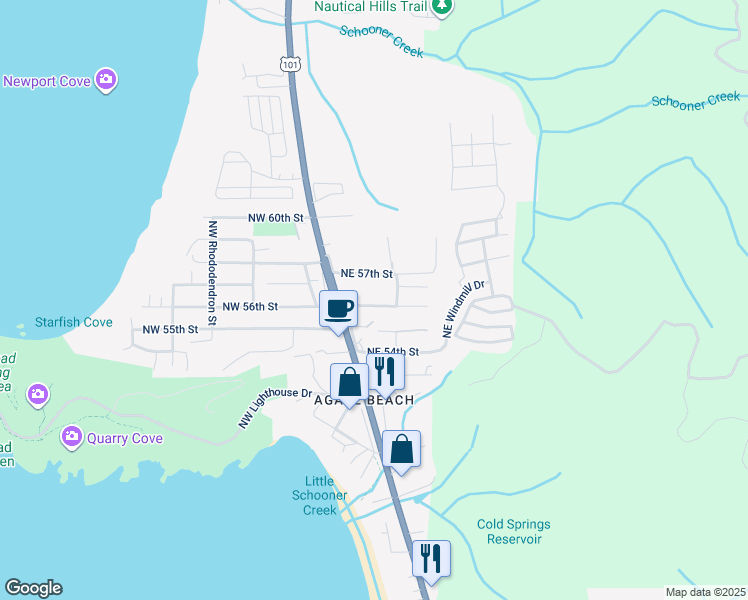 map of restaurants, bars, coffee shops, grocery stores, and more near 138 Northeast 57th Street in Newport