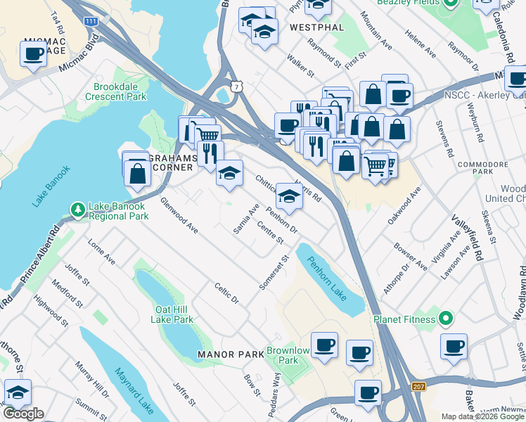 map of restaurants, bars, coffee shops, grocery stores, and more near 24 Penhorn Drive in Dartmouth