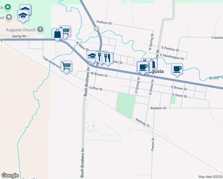 map of restaurants, bars, coffee shops, grocery stores, and more near 601 Colfax Street in Augusta